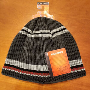 Screamer Gray Knit Acrylic Beanie Hat Striped Lined Ski Snowboard Winter Hat NEW